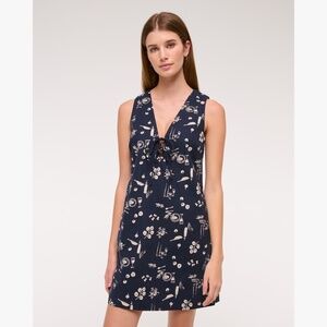 Linen-Blend Tie-Front Mini Dress in Navy Pattern Petite XL